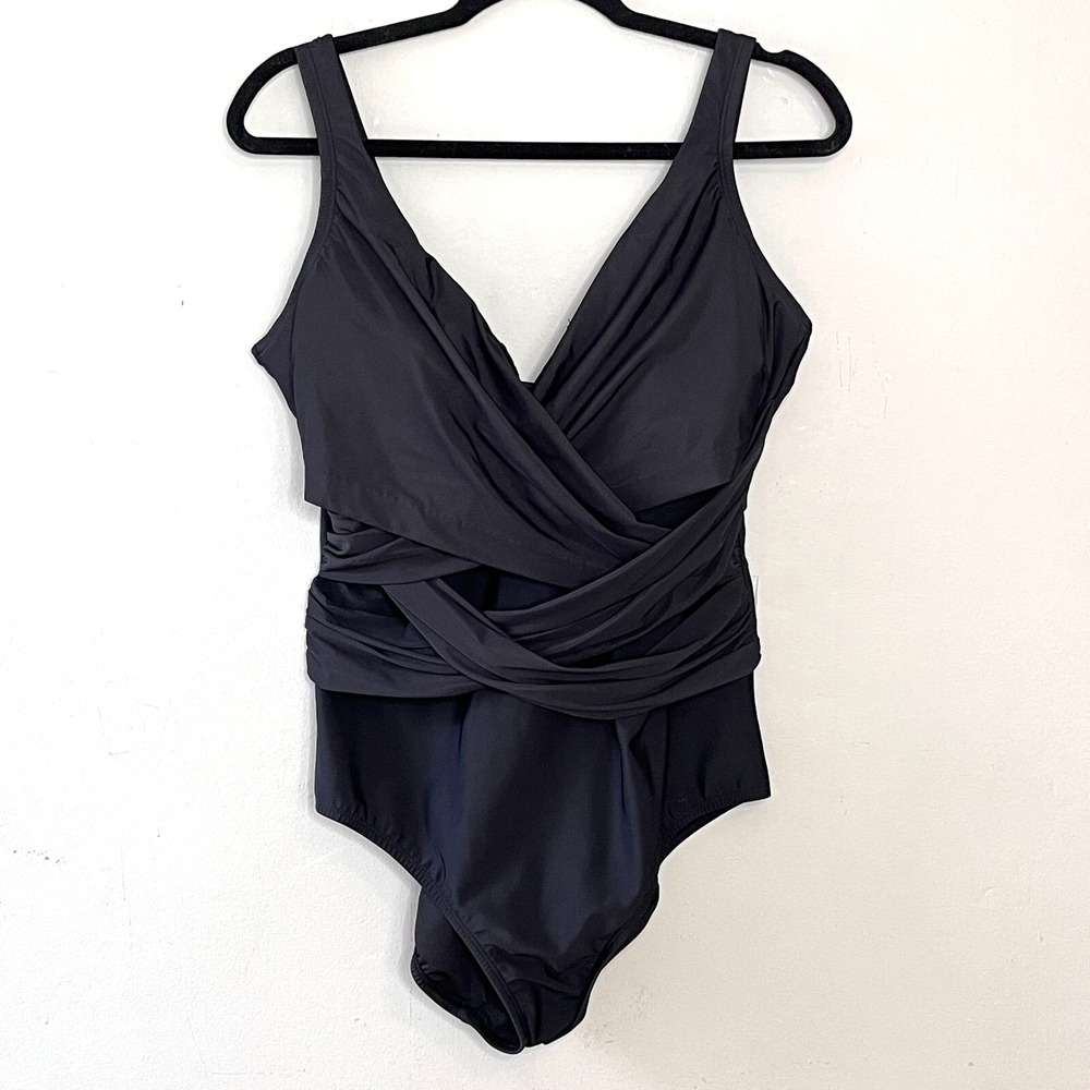 Lands End Slender Suit Wrap‎ One-Piece Swimsuit 16D Black Firms Shapes Vacation